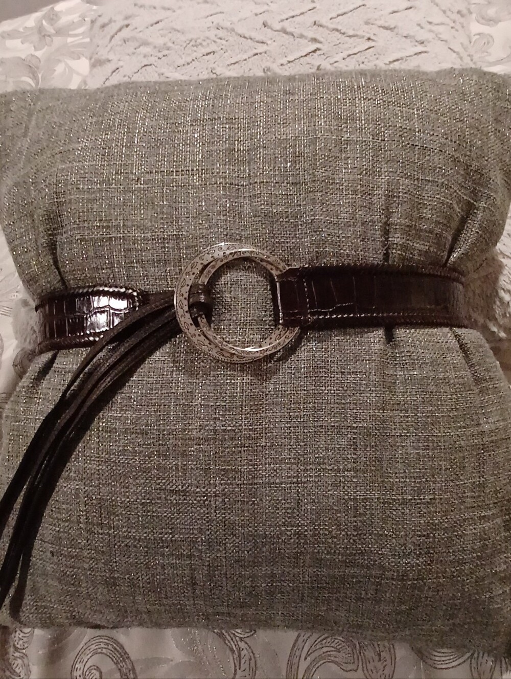 EUC Brighton Brown Croc Embossed Belt With 2 Engraved Silver Rings to Fasten